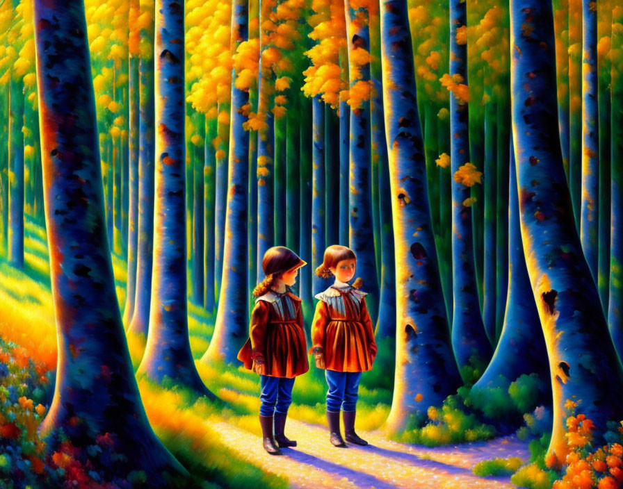 Children in historical clothing stroll vibrant forest with tall trees & yellow leaves.