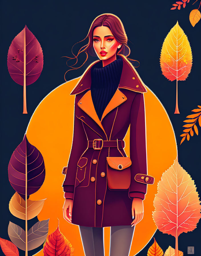 Illustrated woman in stylish orange trench coat among autumn leaves