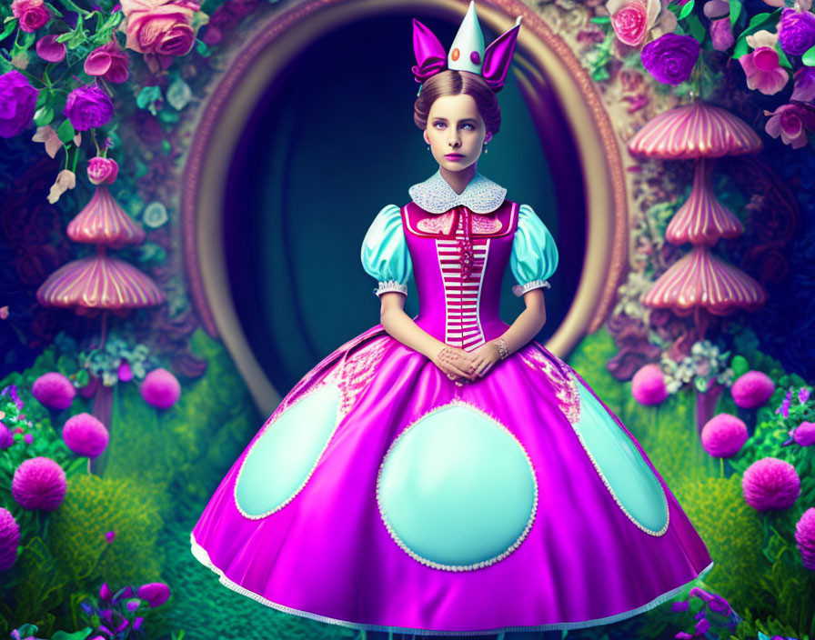 Whimsical fairytale queen in pink and blue gown with crown among oversized flowers and mushrooms