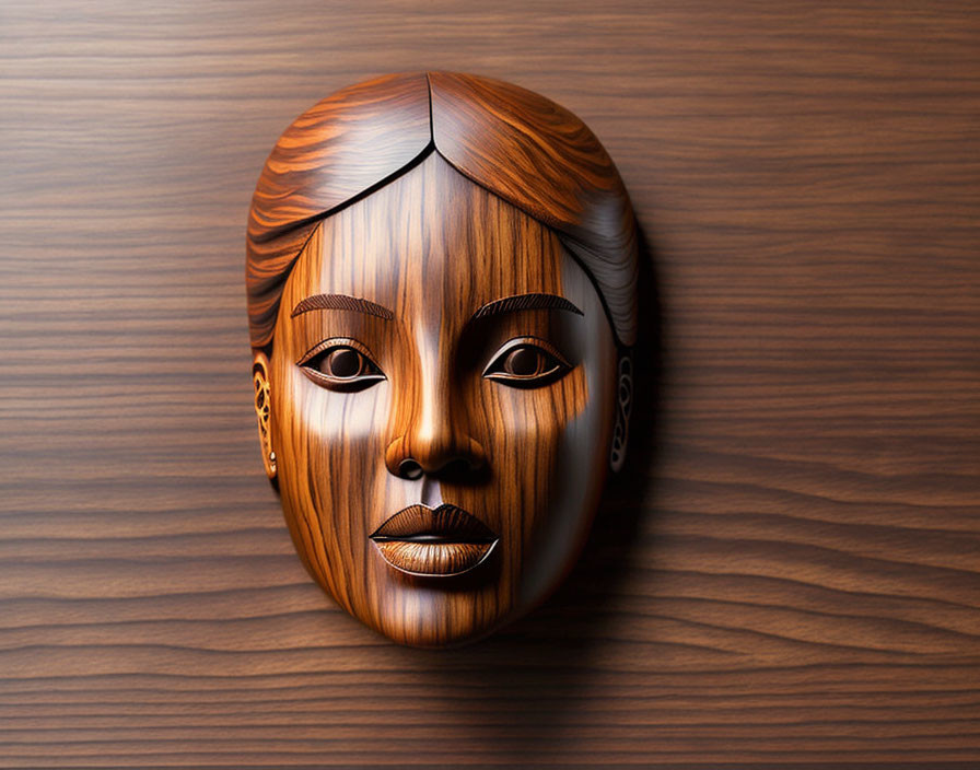 Female Face Wooden Mask with Tribal Markings on Wood-Patterned Background