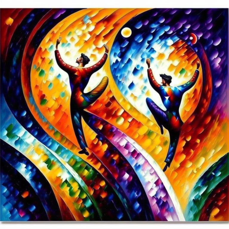 Stylized figures dancing in vibrant colors