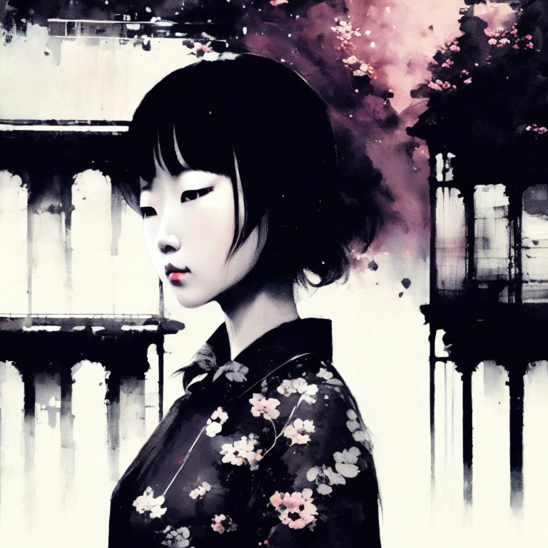 Asian woman in floral blouse against black and white cityscape with pink blossoms