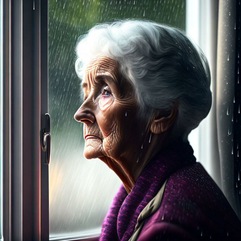 Elderly woman with white hair looking out rain-streaked window