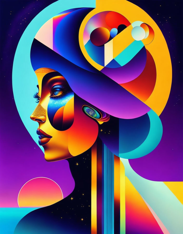 Colorful digital artwork: stylized female profile with cosmic and geometric elements