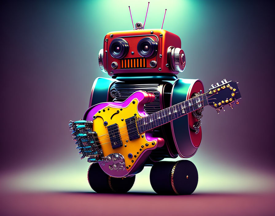 Vibrant retro robot with electric guitar on purple backdrop