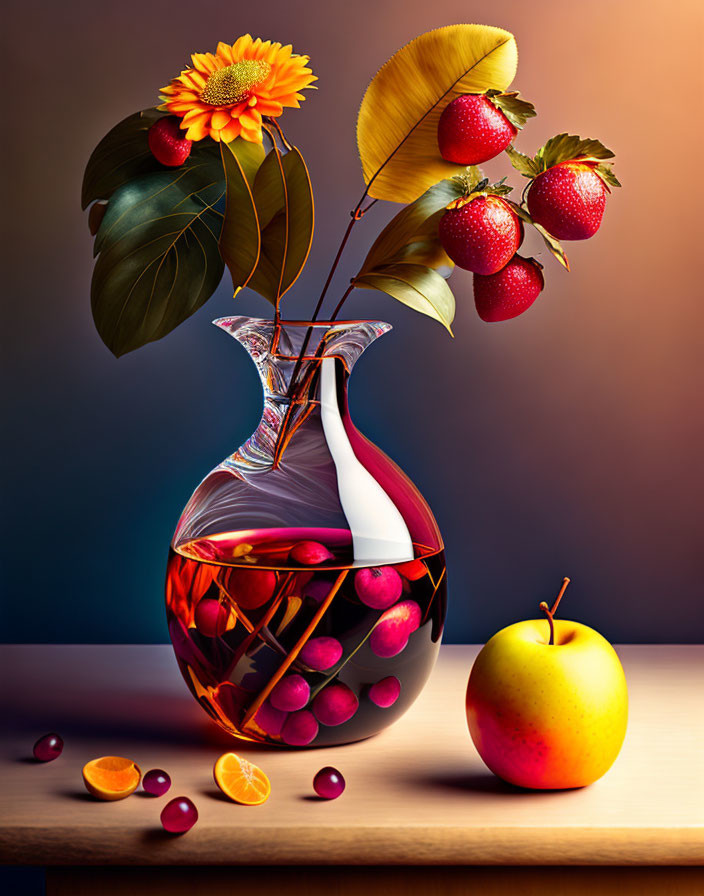 Vibrant still life with glass vase, fruits, and flowers