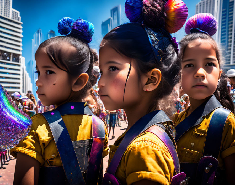 Three children in colorful costumes with hair buns, surrounded by a crowd and buildings.