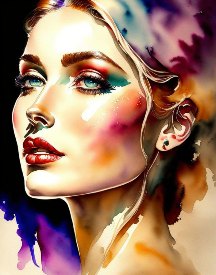 Colorful Watercolor Portrait of Woman with Expressive Blue Eyes