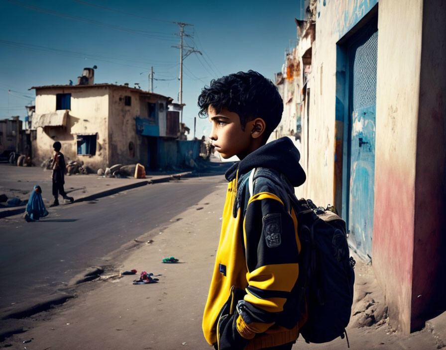 Young boy in backpack stands in sunlit alley with deep shadow and weathered buildings.