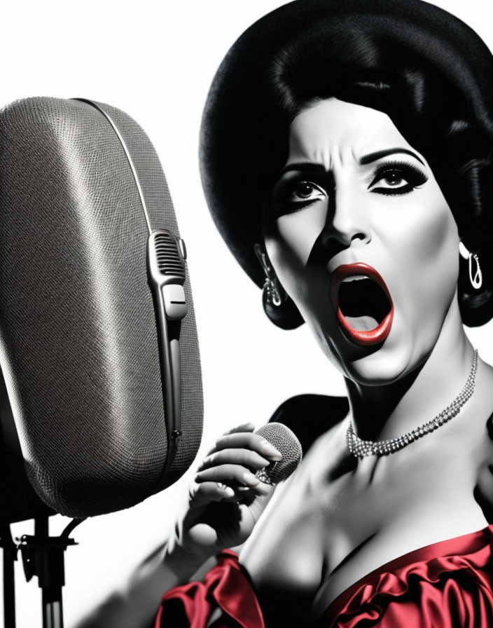 Vintage black and white portrait of woman singing with dramatic makeup and wide-brimmed hat.