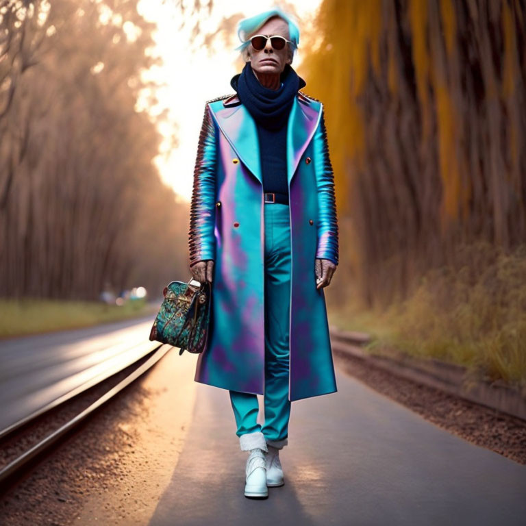 Person in Reflective Blue Coat on Railway Track