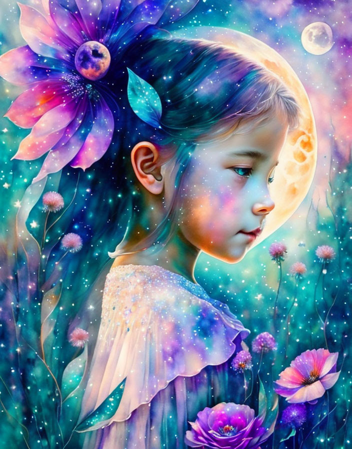 Whimsical digital art: Young girl with flowers and celestial elements in cosmic backdrop