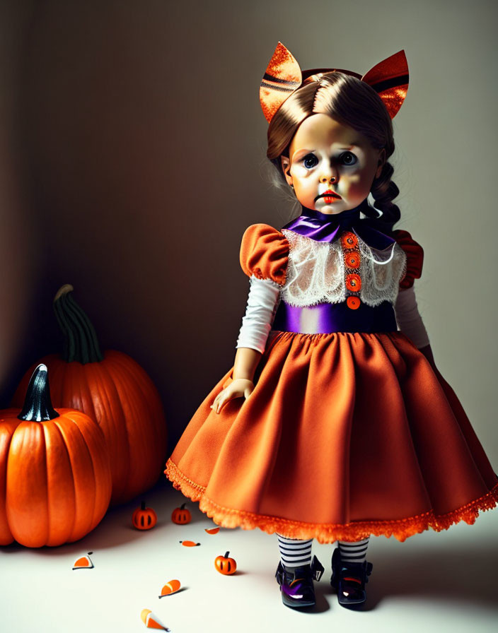 Orange Halloween Costume Doll with Pumpkin Motifs and Cat Ears