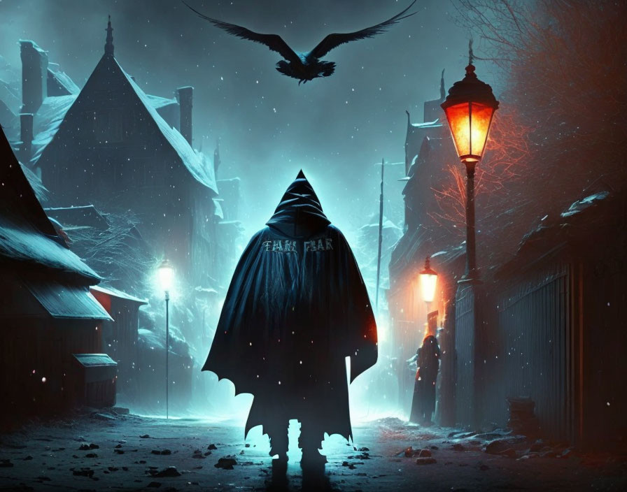 Cloaked figure in snowy street with glowing lanterns and crow.