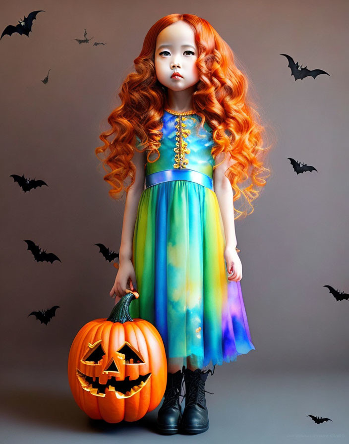 Curly Red-Haired Girl with Jack-o'-lantern and Bats in Colorful Dress