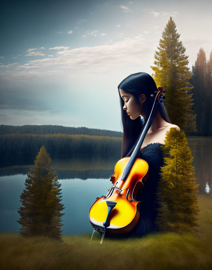 Surreal image: Woman fused with violin by serene lake & forest