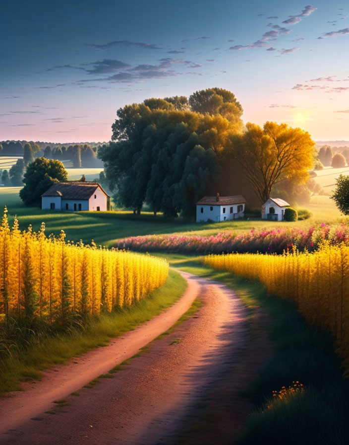 Sunlit Country Road Through Vibrant Landscape