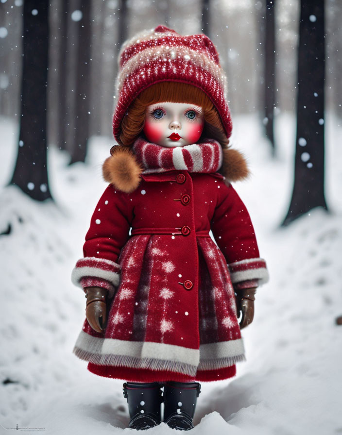 Red Winter Doll Standing in Snowy Forest with Snowflakes