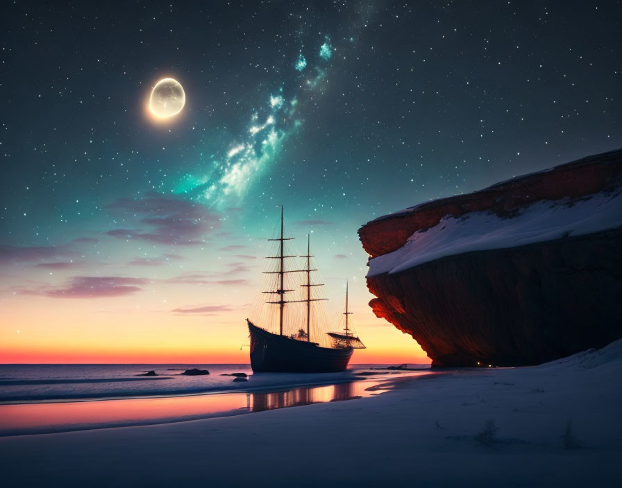 Historic sailboat under twilight sky on snow-covered beach