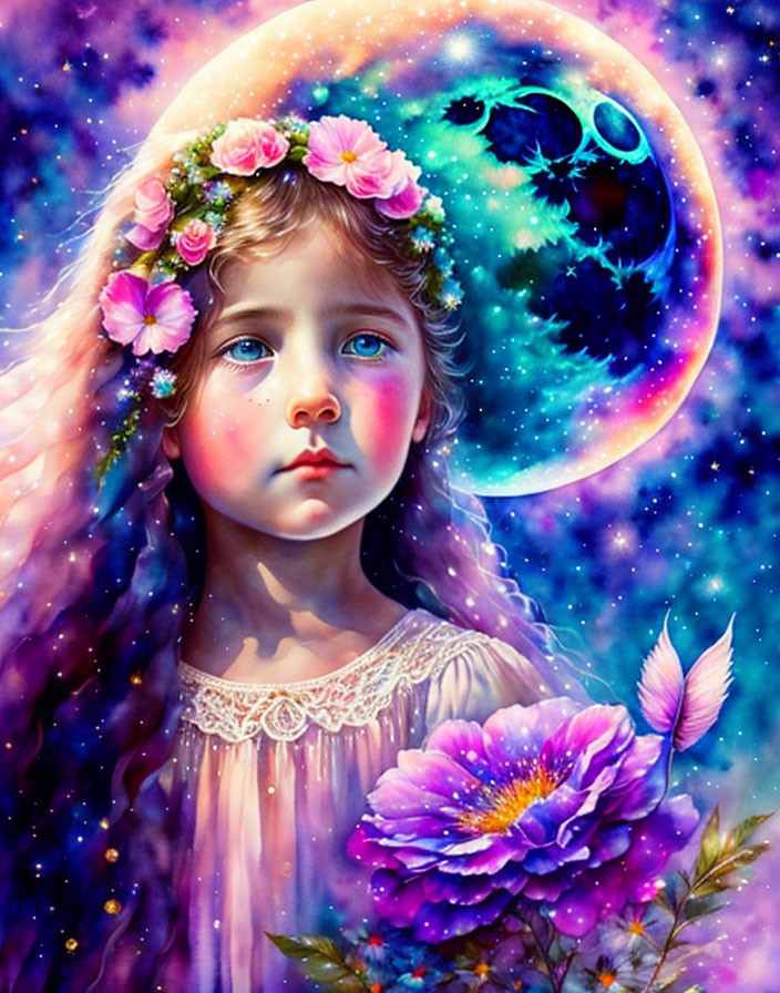 Young girl portrait with cosmic backdrop and glowing moon.