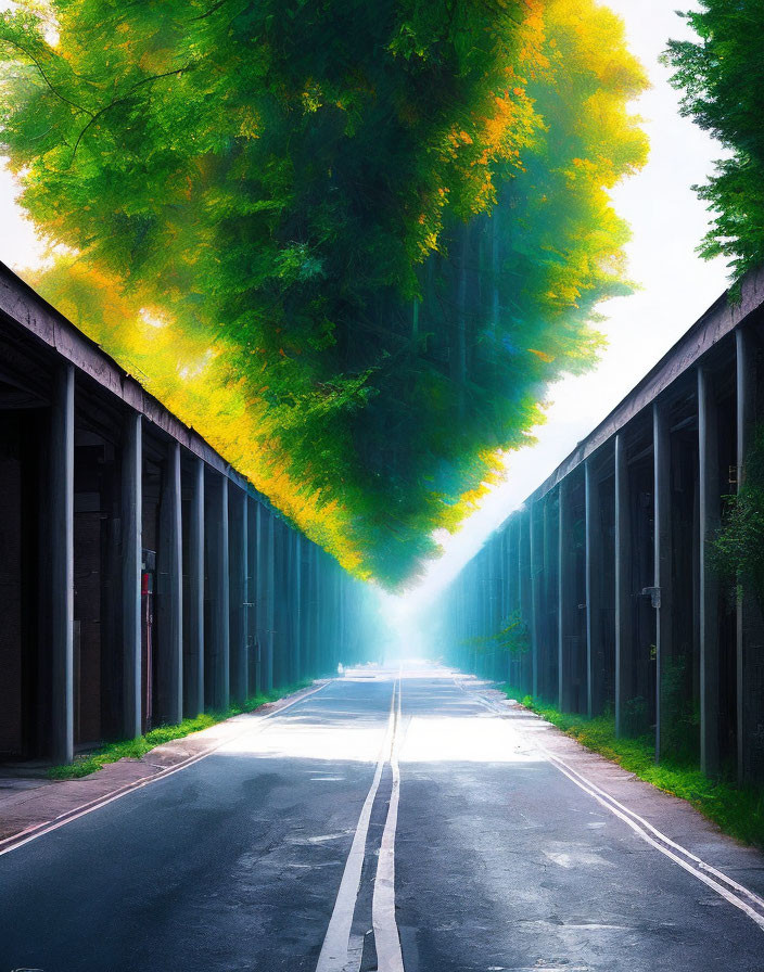 City road surrounded by buildings under inverted tree canopy with sunlight filtering.