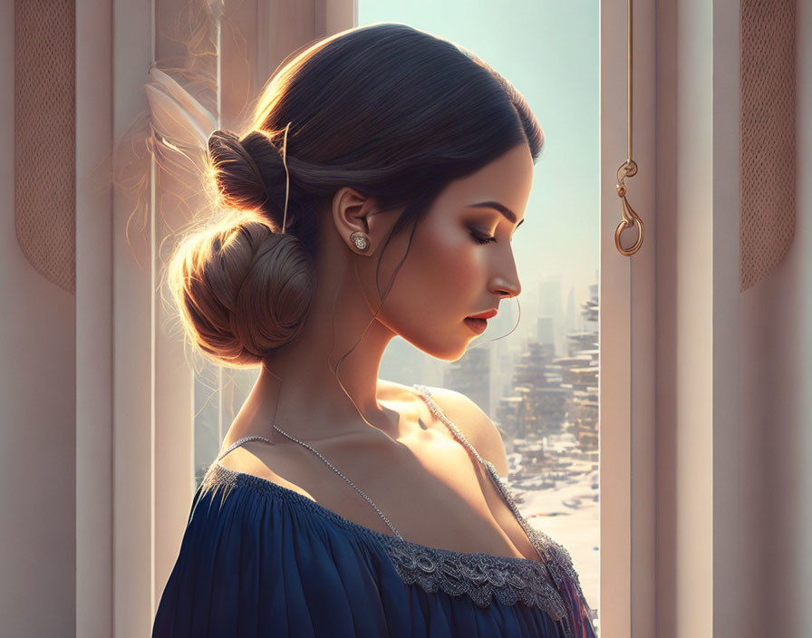 Elegant woman with bun looking out window at snowy cityscape