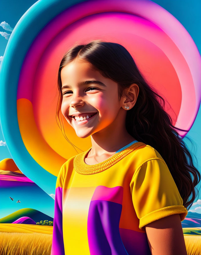 Smiling girl with dark hair in front of vibrant rainbow background