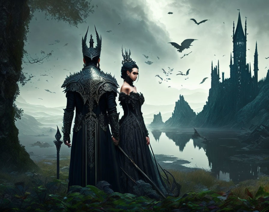 Medieval fantasy king and queen by tranquil lake with distant castle