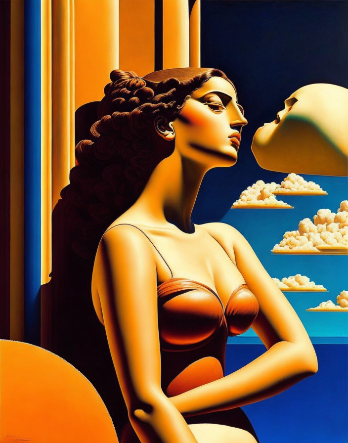 Surrealist painting: Woman with braided hair and floating male face amid clouds and geometric patterns