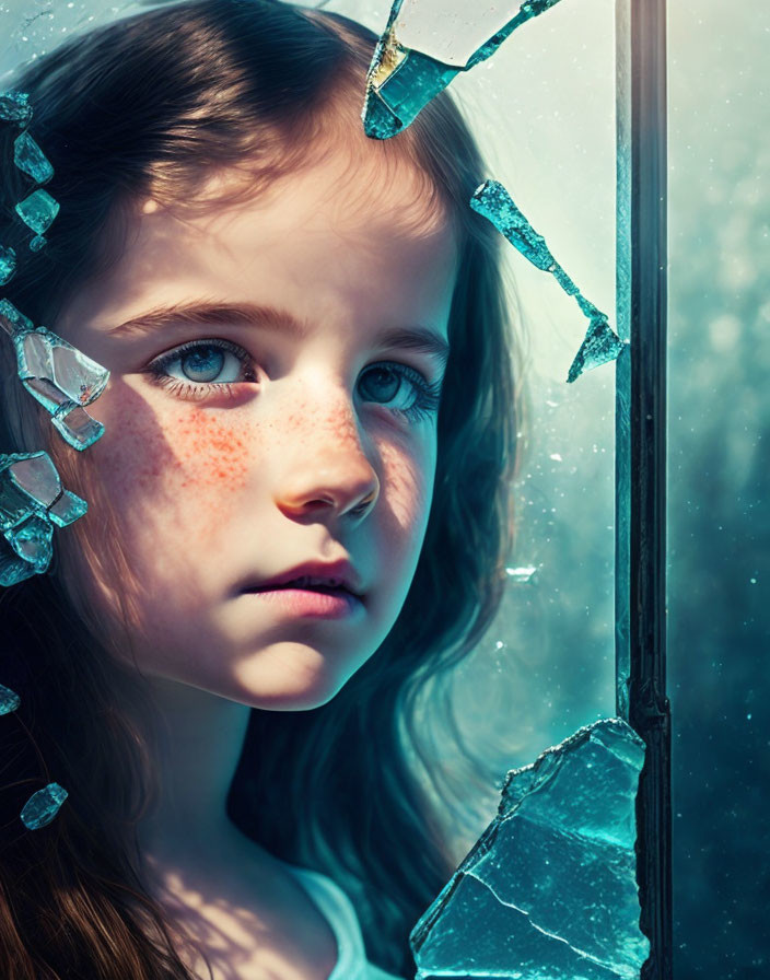 Freckled young girl gazes through shattered glass with light reflections