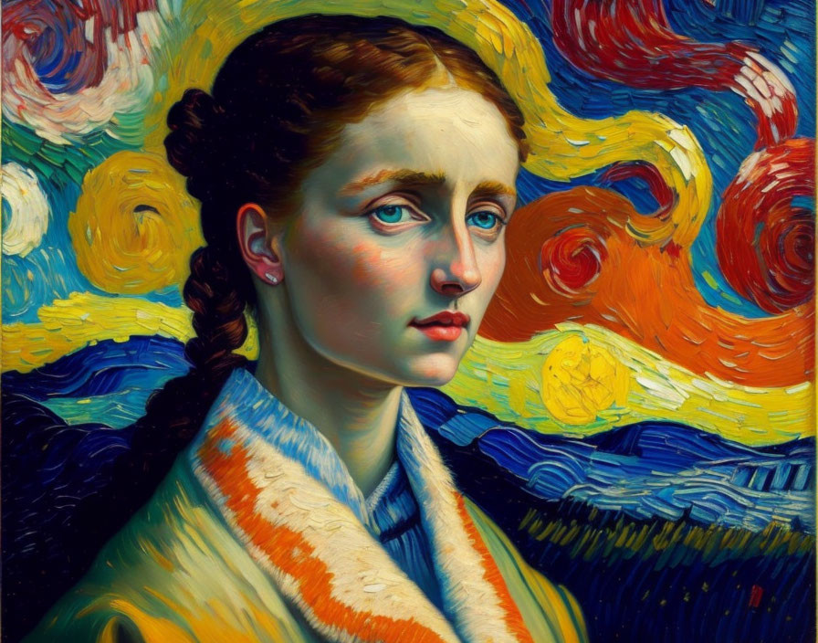 Auburn-haired woman in front of swirling Van Gogh-inspired backdrop