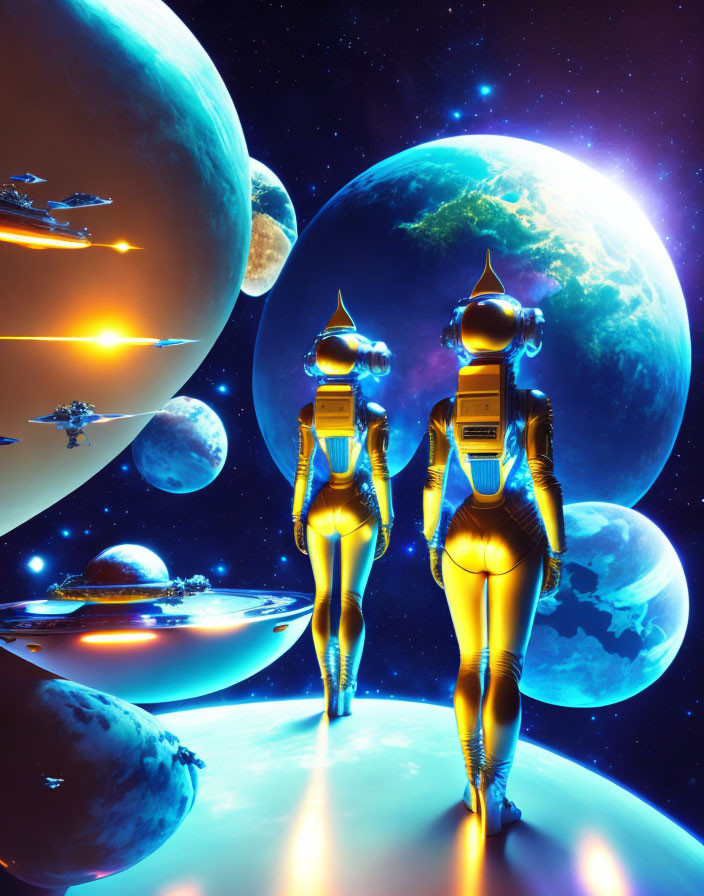 Astronauts in golden suits on celestial surface with planets and spaceships