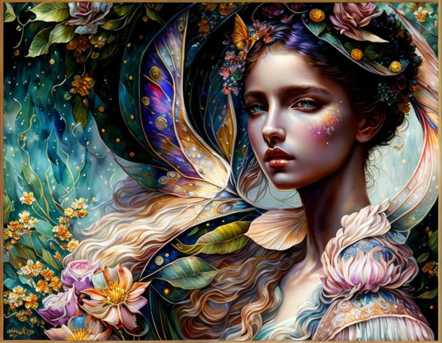 Fantastical portrait of a woman with butterfly wings in vibrant floral setting