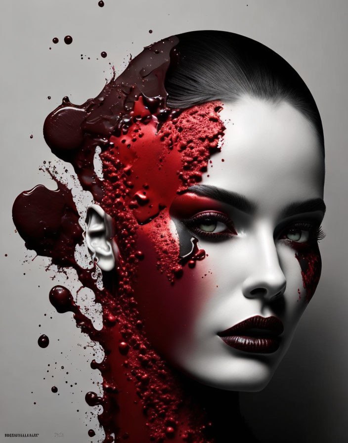 Portrait of Woman with Half Face Covered in Red Substance