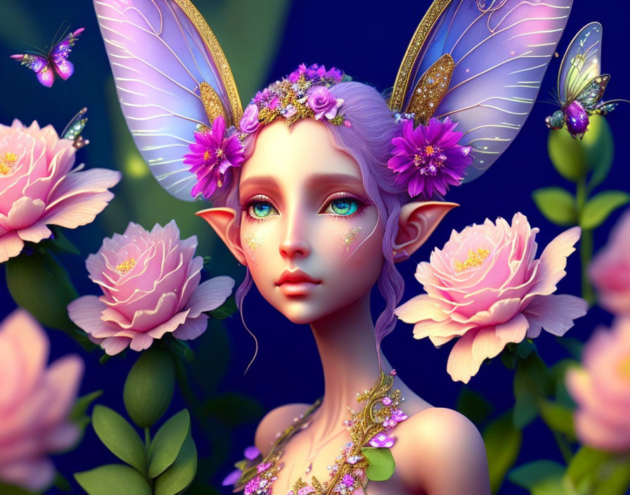 Fantastical creature with delicate wings among vibrant pink flowers