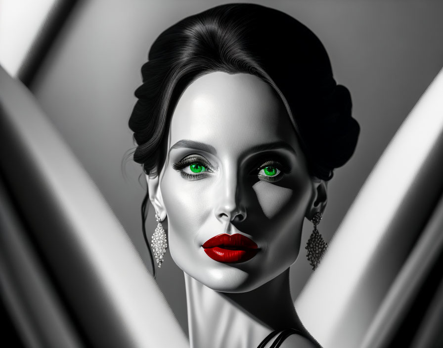 Woman's monochrome portrait with green eyes, red lips, and bold shadows