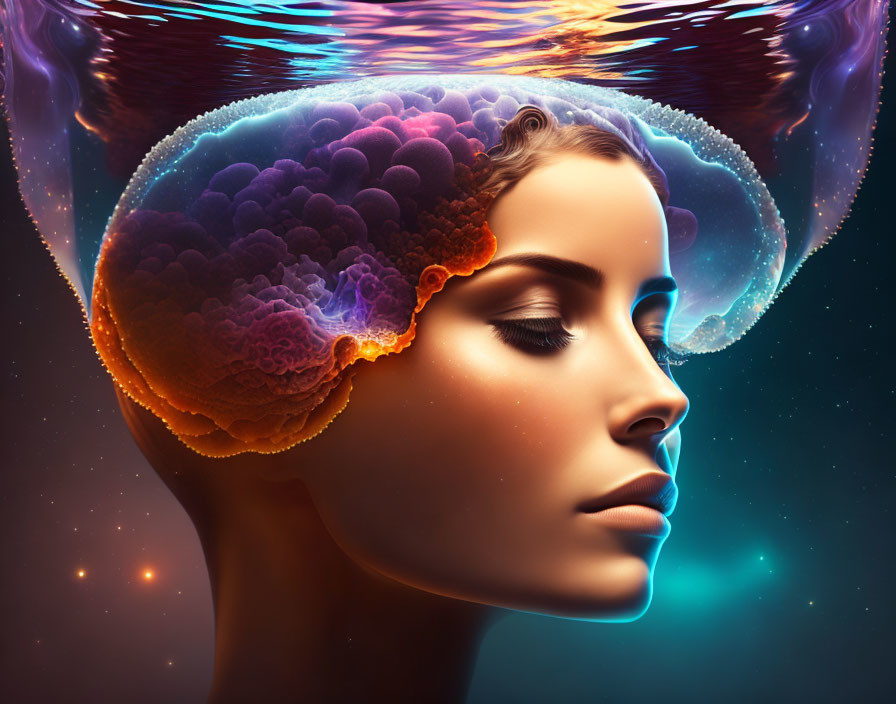 Digital artwork: Woman's profile with exposed brain in outer space.