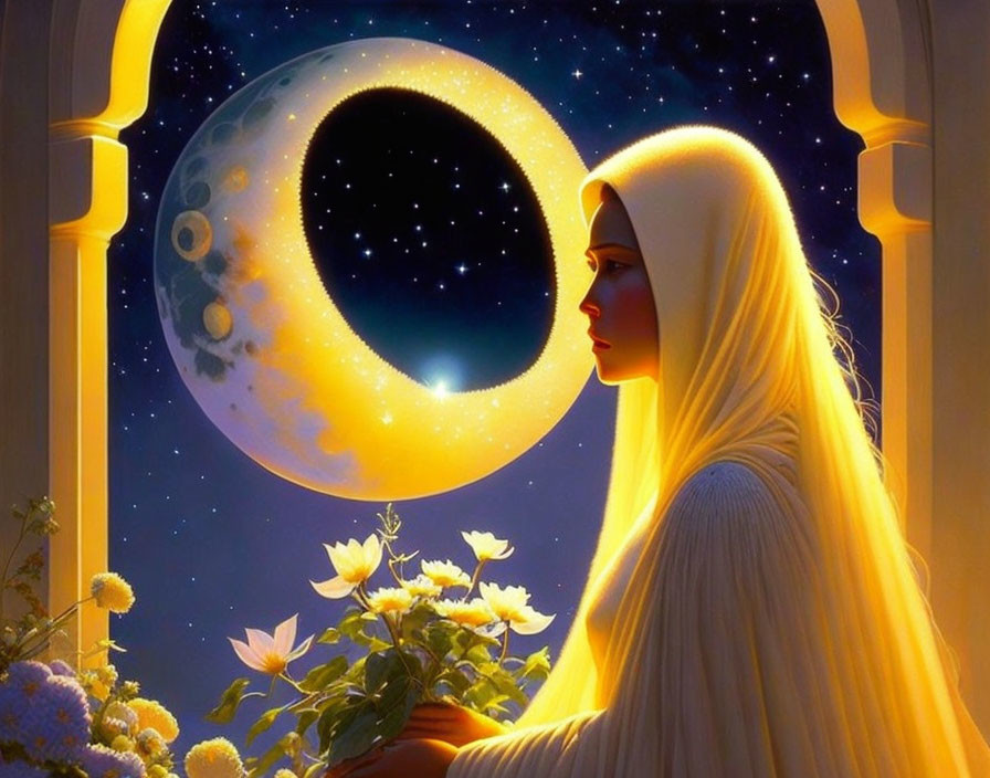 Woman admiring crescent moon in starry sky through arched window surrounded by flowers