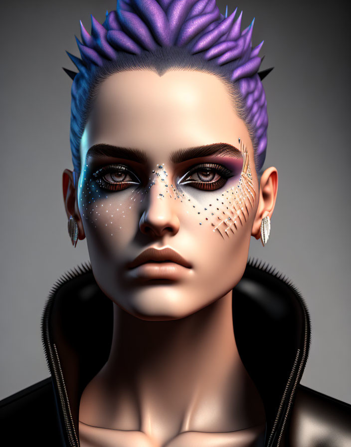 Person with Purple Mohawk and Dramatic Makeup in 3D Render