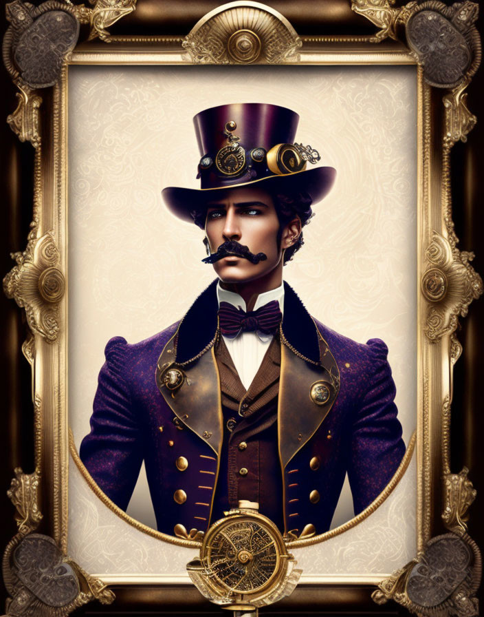 Steampunk man in top hat and goggles, ornate golden frame