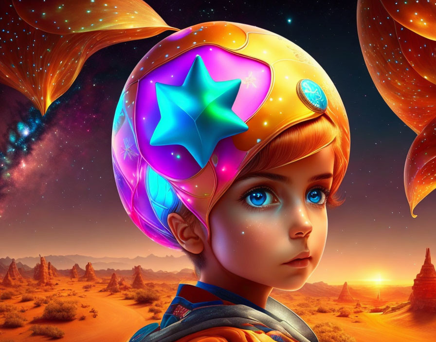 Young child in space helmet against desert backdrop under starry sky