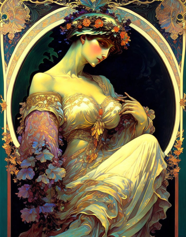 Art Nouveau Style Woman Illustration with Floral Wreath and Ornate Gown