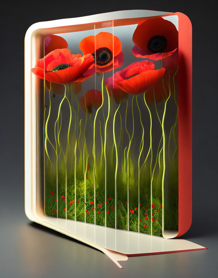 Surreal artwork: Open book with red poppies, 3D effect