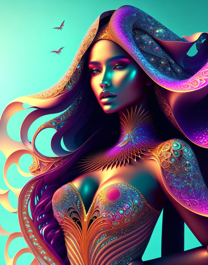 Colorful digital artwork of woman with flowing hair and peacock-inspired garment against teal backdrop.