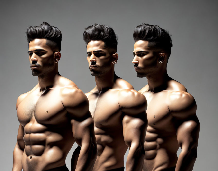 Three muscular men posing sideways with similar haircuts on gray background