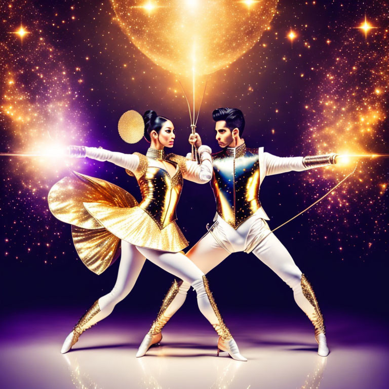 Two performers in white and gold costumes with cosmic backdrop in fencing pose.