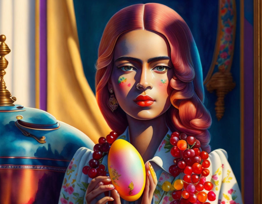 Vibrant digital artwork of a woman with pink hair holding a decorative egg