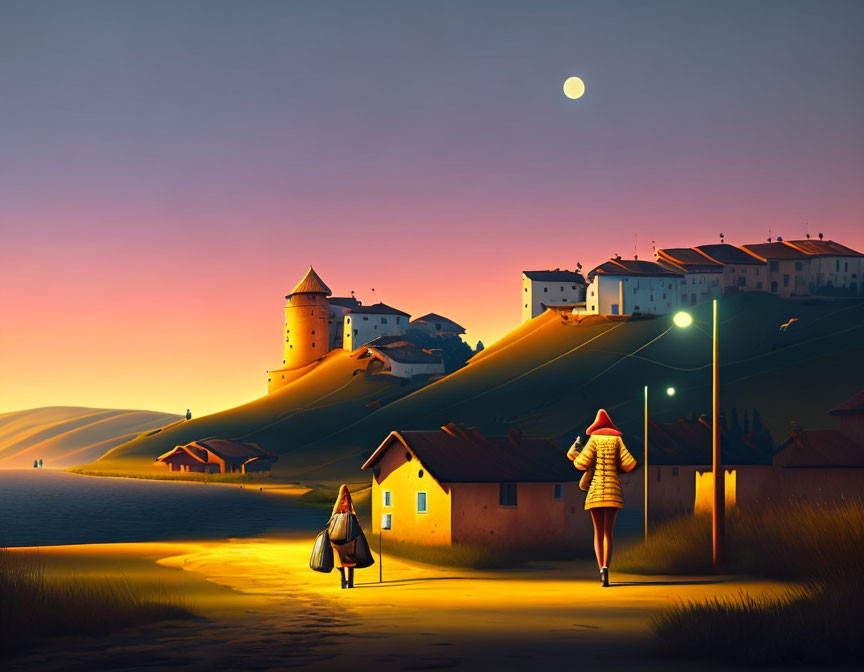 Two individuals walking towards a village with castle and houses on rolling hills at sunset.