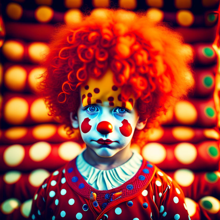 Young child in clown costume with red curly hair and painted face in colorful ball backdrop