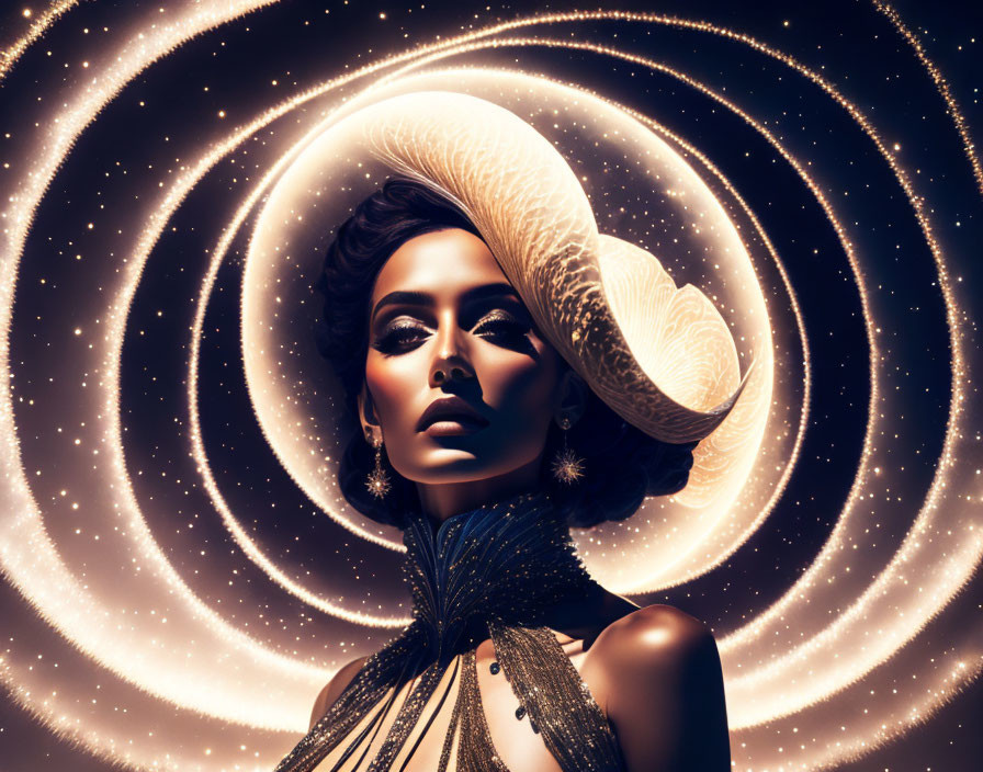 Elegant woman with unique spiral hat in cosmic background